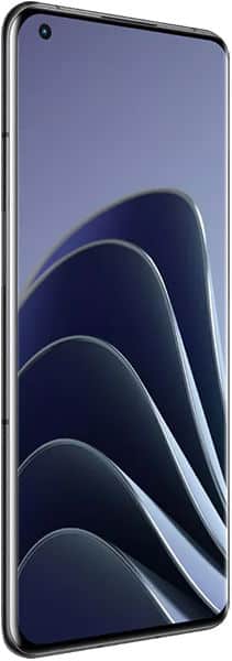 OnePlus 10 Pro front view showing display with curved lines wallpaper and front camera cutout
