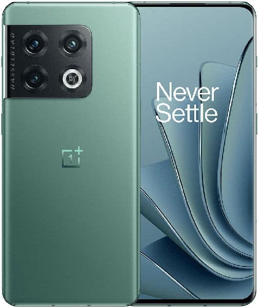 OnePlus 10 Pro rear and front views showing quad camera array and "Never Settle" display screen in emerald green