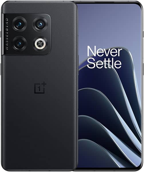 OnePlus 10 Pro rear and front view, showing quad camera array and display with "Never Settle" text