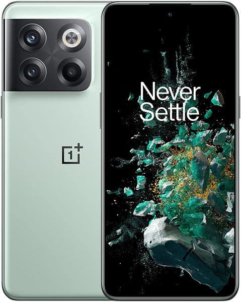 OnePlus 10T front and rear view, showing light green body with quad camera setup on back and "Never Settle" slogan on display