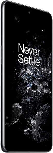 OnePlus 10T front view, screen displaying "Never Settle" slogan with water splash effect on black background