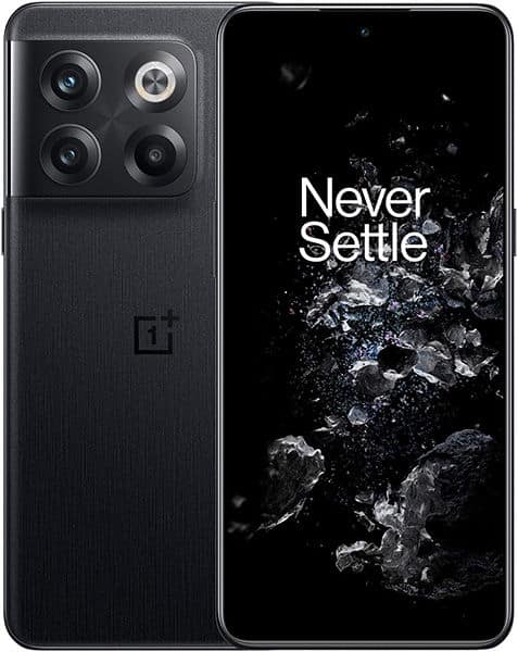 OnePlus 10T front and rear view, showing quad camera setup and "Never Settle" display screen