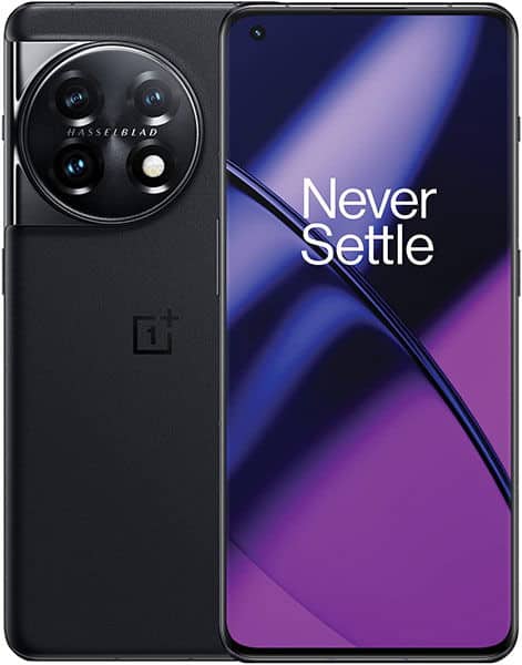 OnePlus 11 rear view showing large circular camera module with four lenses and "Never Settle" slogan on display screen