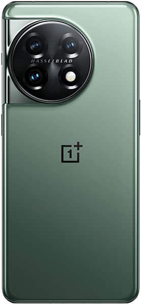 OnePlus 11 rear view, sage green, showing circular quad camera module with Hasselblad branding and OnePlus logo