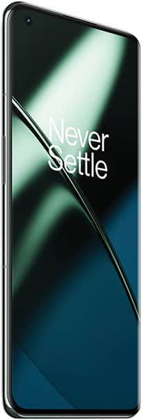 OnePlus 11 front view showing display with "Never Settle" text and geometric design on dark background