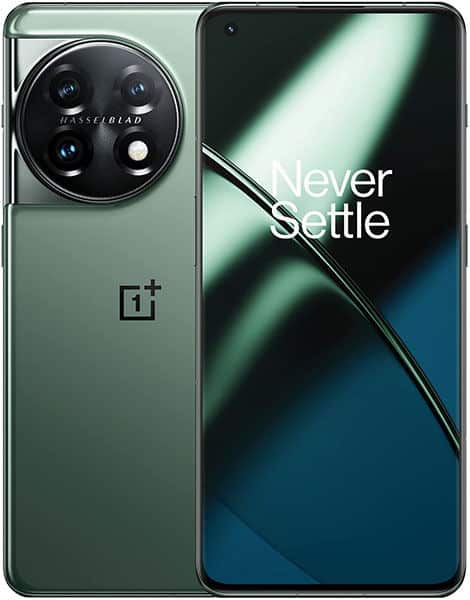 OnePlus 11 rear view in sage green, showing quad camera system with Hasselblad branding and display screen with "Never Settle" text