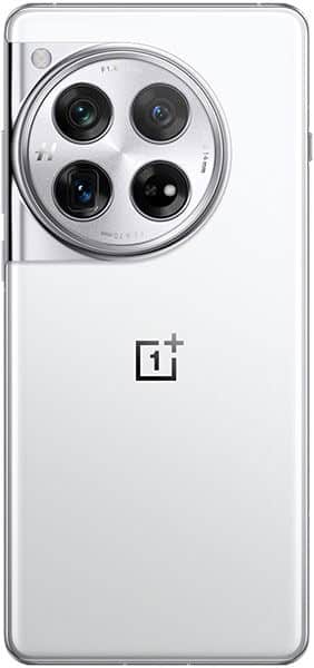 OnePlus 12 rear view, white, showing circular quad camera module and OnePlus logo