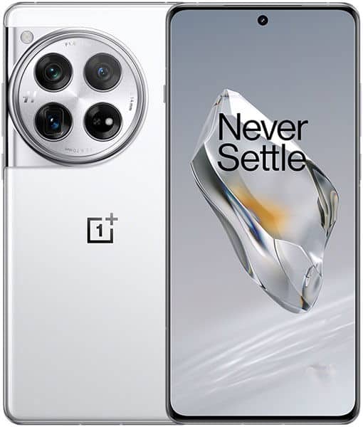OnePlus 12 front and rear view, white model with quad camera array and "Never Settle" text on screen