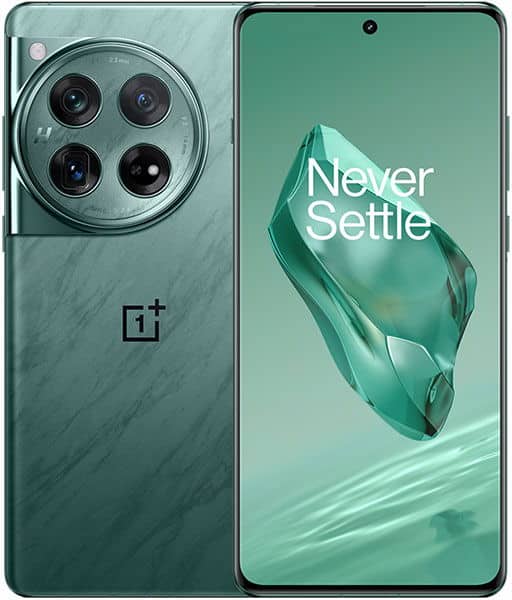OnePlus 12 front and rear view, green finish with quad camera array and "Never Settle" logo on screen