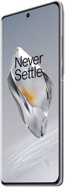 OnePlus 12 front view, displaying "Never Settle" slogan and metallic design element on screen