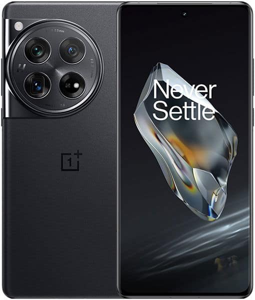 OnePlus 12 rear and front view, showing quad camera setup and "Never Settle" display