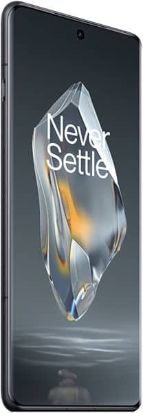 Front view of OnePlus 12R with black frame, edge-to-edge display, and "Never Settle" slogan shown at a slight angle.