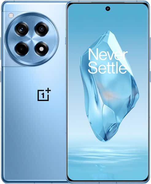Blue OnePlus 12R shown from front and rear; front has "Never Settle" display, rear shows round quad-lens camera module.