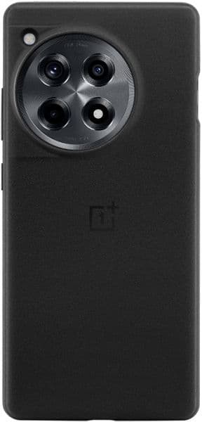 Rear view of a black OnePlus 12R case with circular camera cutout for three lenses, LED flash, and center OnePlus logo.