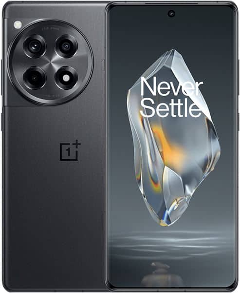 Front and rear view of black OnePlus 12R; circular triple camera and logo on back, "Never Settle" on front display.