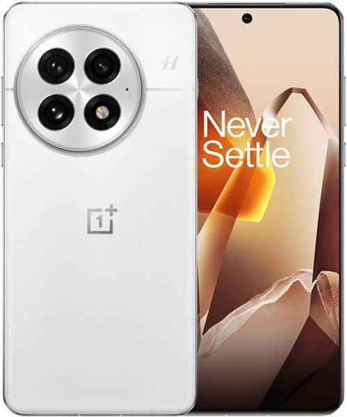 OnePlus 13 front and rear view showing white device with circular quad-camera module and "Never Settle" tagline on screen