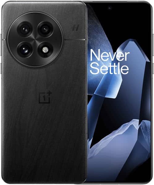 OnePlus 13 front and rear view, showing quad camera system on black textured back and display with "Never Settle" slogan