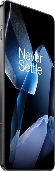 OnePlus 13 smartphone front view with "Never Settle" slogan displayed on screen, showing dark blue abstract design