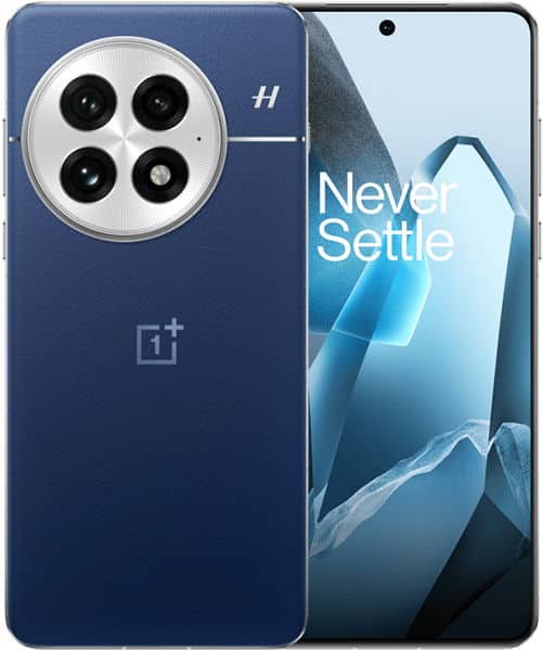 OnePlus 13 front and rear view, showing deep blue back with quad camera setup and front display with "Never Settle" text