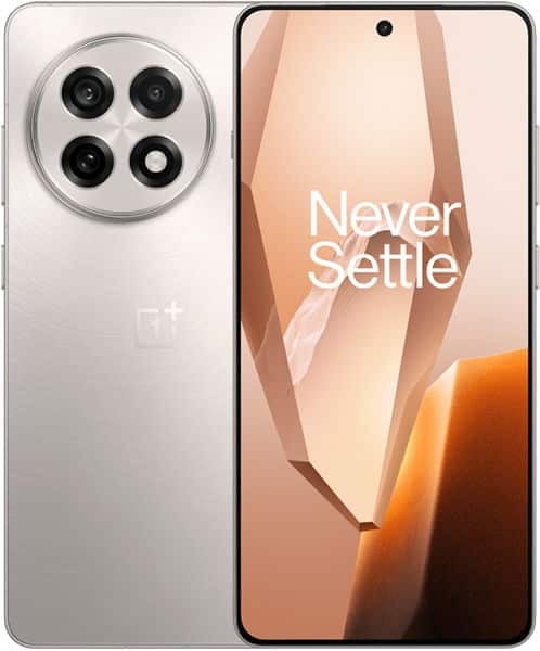 OnePlus 13R front and rear views, showing quad camera setup and "Never Settle" display screen