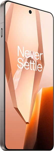 OnePlus 13R front view with screen displaying "Never Settle" text and geometric design on peach and orange background
