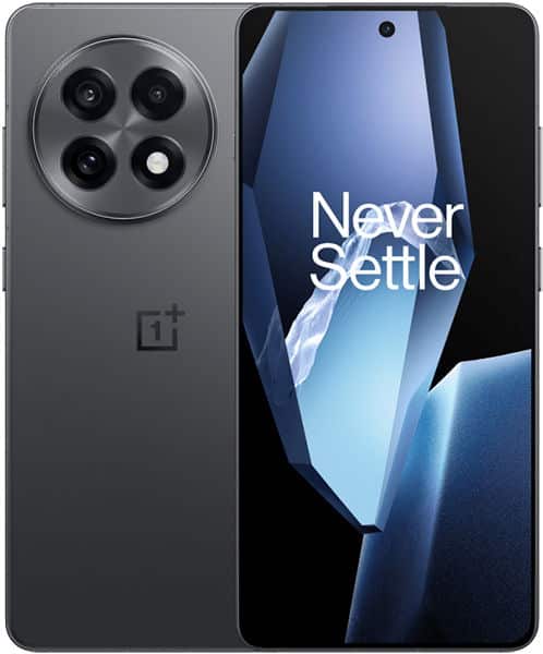 OnePlus 13R front and rear view showing quad camera system and display with "Never Settle" text