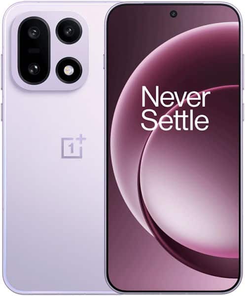 OnePlus 15 front and back view, lavender finish, showing quad camera setup and display with "Never Settle" text