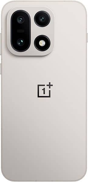 OnePlus 15 rear view, white, with quad camera array and OnePlus logo visible
