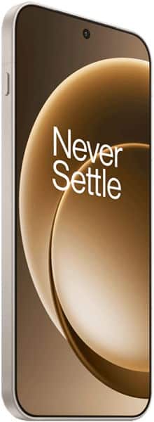 OnePlus 15 front view, displaying "Never Settle" slogan on screen with gold spherical design