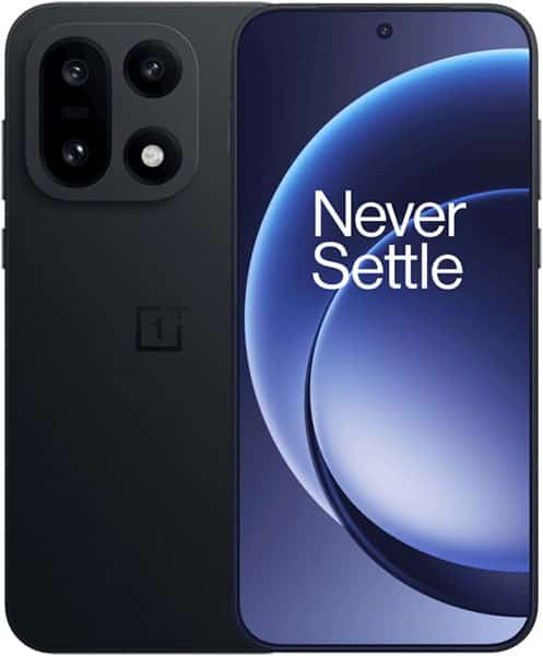 OnePlus 15 front view, black finish, with quad rear camera setup and display showing "Never Settle" tagline
