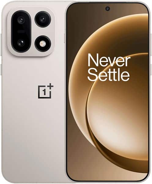 OnePlus 15 front and rear view, showing white device with quad camera module and display screen with "Never Settle" text