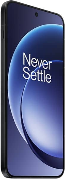 OnePlus 15R front view displaying "Never Settle" on screen with blue gradient wallpaper