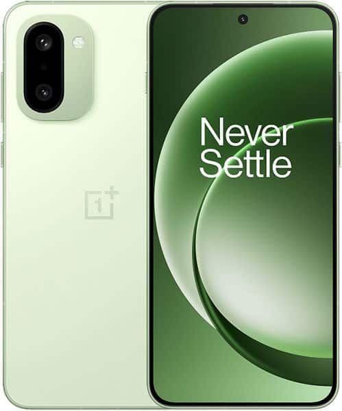 OnePlus 15R front view, light green phone with dual rear cameras and "Never Settle" slogan on display