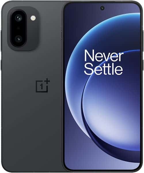 OnePlus 15R front and rear view, showing dark gray phone with dual rear cameras and "Never Settle" slogan on display