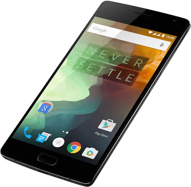 OnePlus 2 front view displaying home screen with "Never Settle" text, Google search bar, and app icons including Google, Play Store, and Chrome