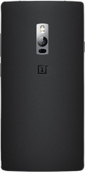 OnePlus 2 rear view, showing black back panel with camera and flash module, and OnePlus logo