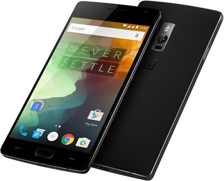 OnePlus 2 smartphone shown from front and rear angles, displaying "Never Settle" on screen with colorful gradient background and Android home screen icons