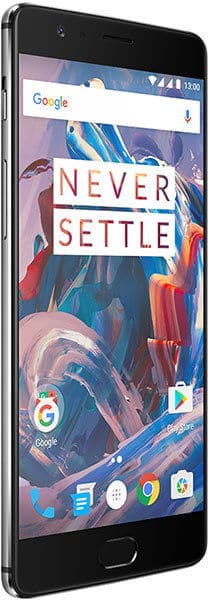 OnePlus 3 front view displaying "Never Settle" wallpaper on screen with Google search bar and Android home icons visible