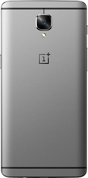OnePlus 3 rear view, showing camera lens and OnePlus logo on gray metal back panel