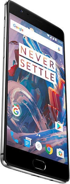 OnePlus 3 smartphone displaying home screen with "Never Settle" wallpaper, shown from front angle with screen on