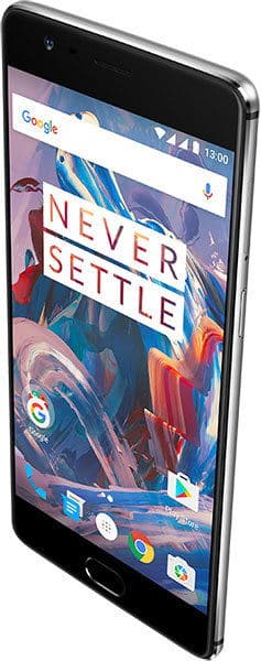 OnePlus 3 smartphone displayed at an angle, showing its front screen with "Never Settle" wallpaper and Google search bar