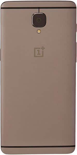 Rear view of matte brown OnePlus 3T with central rear camera, flash below, and OnePlus logo centered on the back.