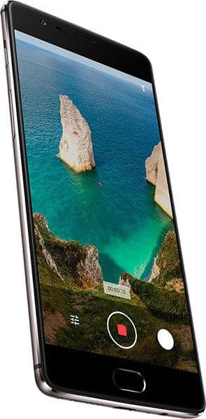 Front view of OnePlus 3T showing a video recording screen with cliffs and turquoise water, record button, and timer visible.