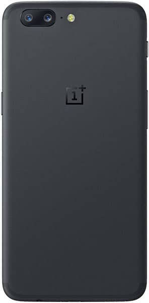 OnePlus 5 rear view, showing dual camera setup and OnePlus logo on black body