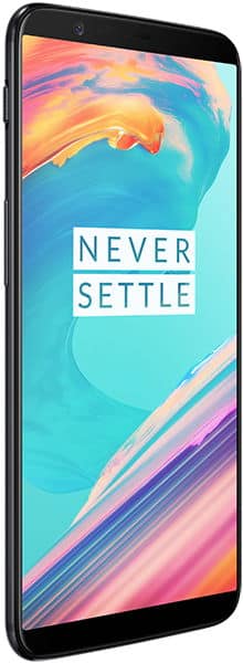 OnePlus 5T front view displaying colorful abstract wallpaper with "Never Settle" text on screen