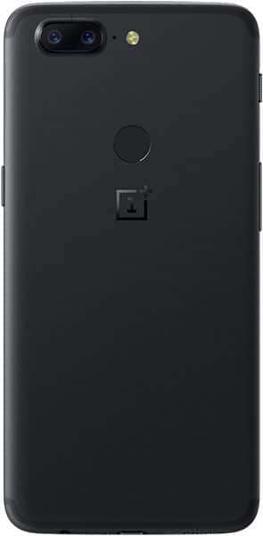 OnePlus 5T rear view, black, showing dual rear cameras and fingerprint sensor