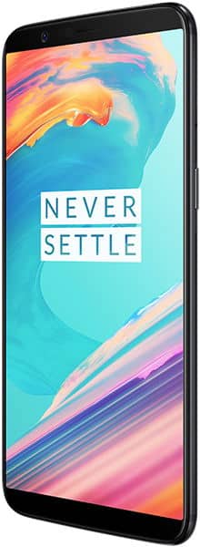 OnePlus 5T front view with colorful gradient display showing "Never Settle" slogan