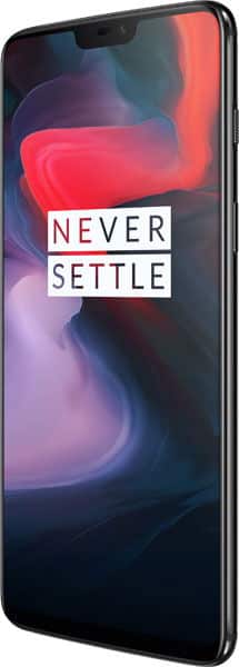 Front view of a OnePlus 6 with black frame, showing colorful swirl wallpaper and “NEVER SETTLE” text on the display.