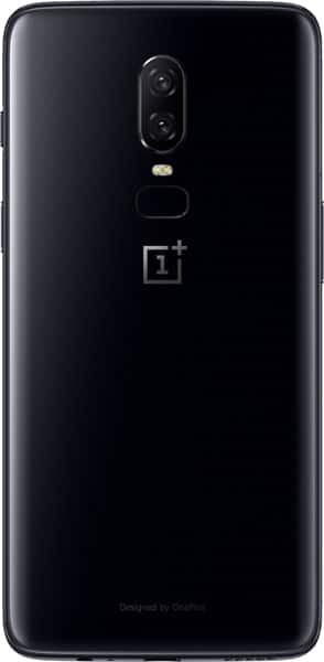 Rear view of black OnePlus 6 showing vertical dual cameras, flash, fingerprint sensor, and OnePlus logo.