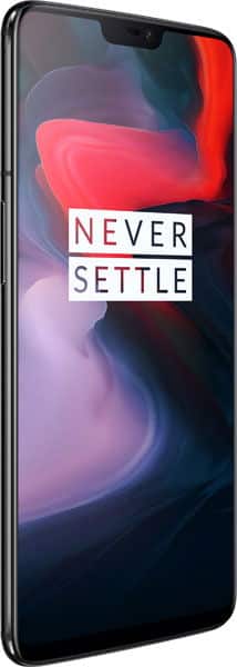 OnePlus 6 front view showing black frame, display notch, and "NEVER SETTLE" text on a vibrant abstract background.